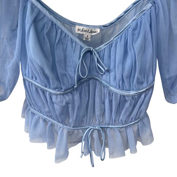 For Love & Lemons Sunshine Sheer Mesh Puff Sleeve Crop Top Light Blue NWOT Small - Picture 6 of 9